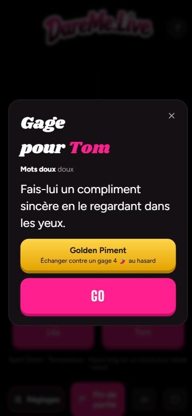 DareMe.Live - ecran : un gage tire, avec le Golden Piment