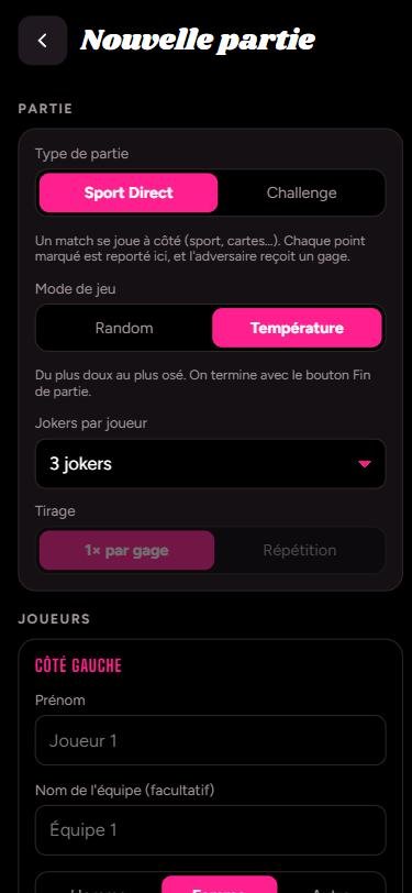 DareMe.Live - ecran : reglages de la partie