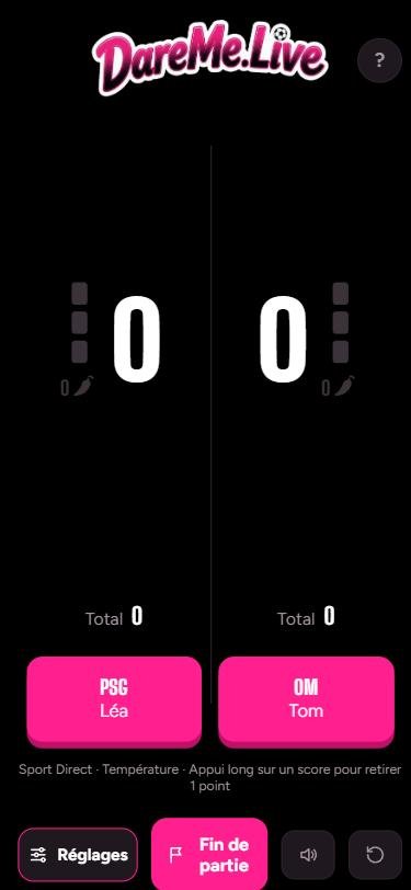 DareMe.Live - ecran : tableau de score en partie